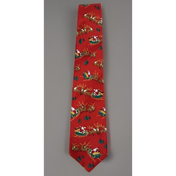 John Henry Men’s Silk Christmas Tie Red Santa Sleigh Reindeer Trees Holiday - Picture 2 of 5
